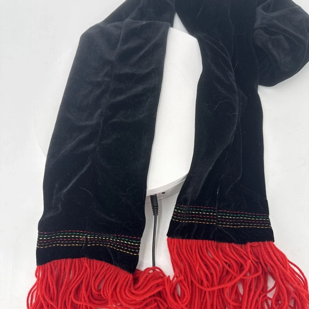Black Velvet Embroidered Scarf W/ Cardinal Bird & Pond Branch &‎ Red Fringe